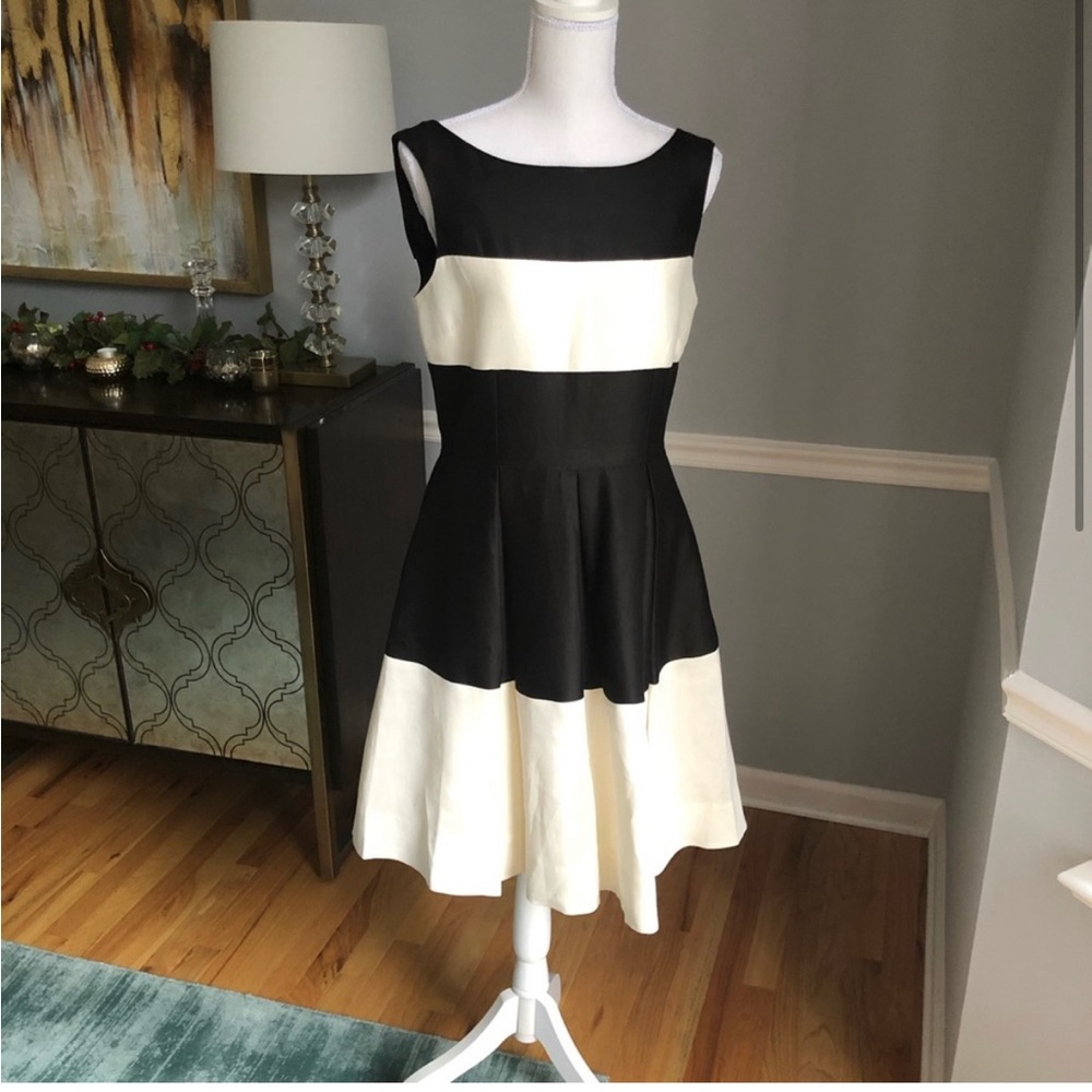 Kate Spade Gayle Black Ivory Silk Colorblock Pleated Dress